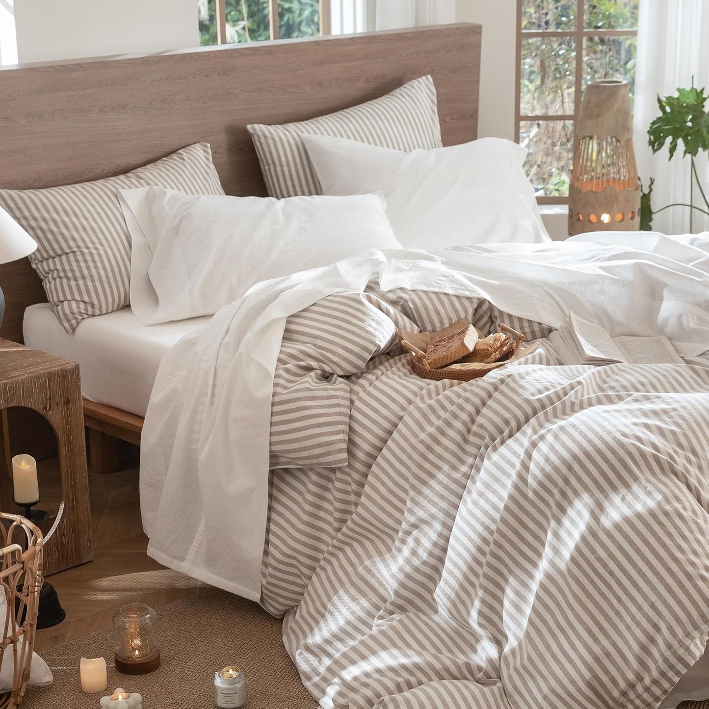 Bedding Sheet Set 100% Washed Cotton Linen like Textured Breathable Durable Soft Comfy (Solid off White, Queen)