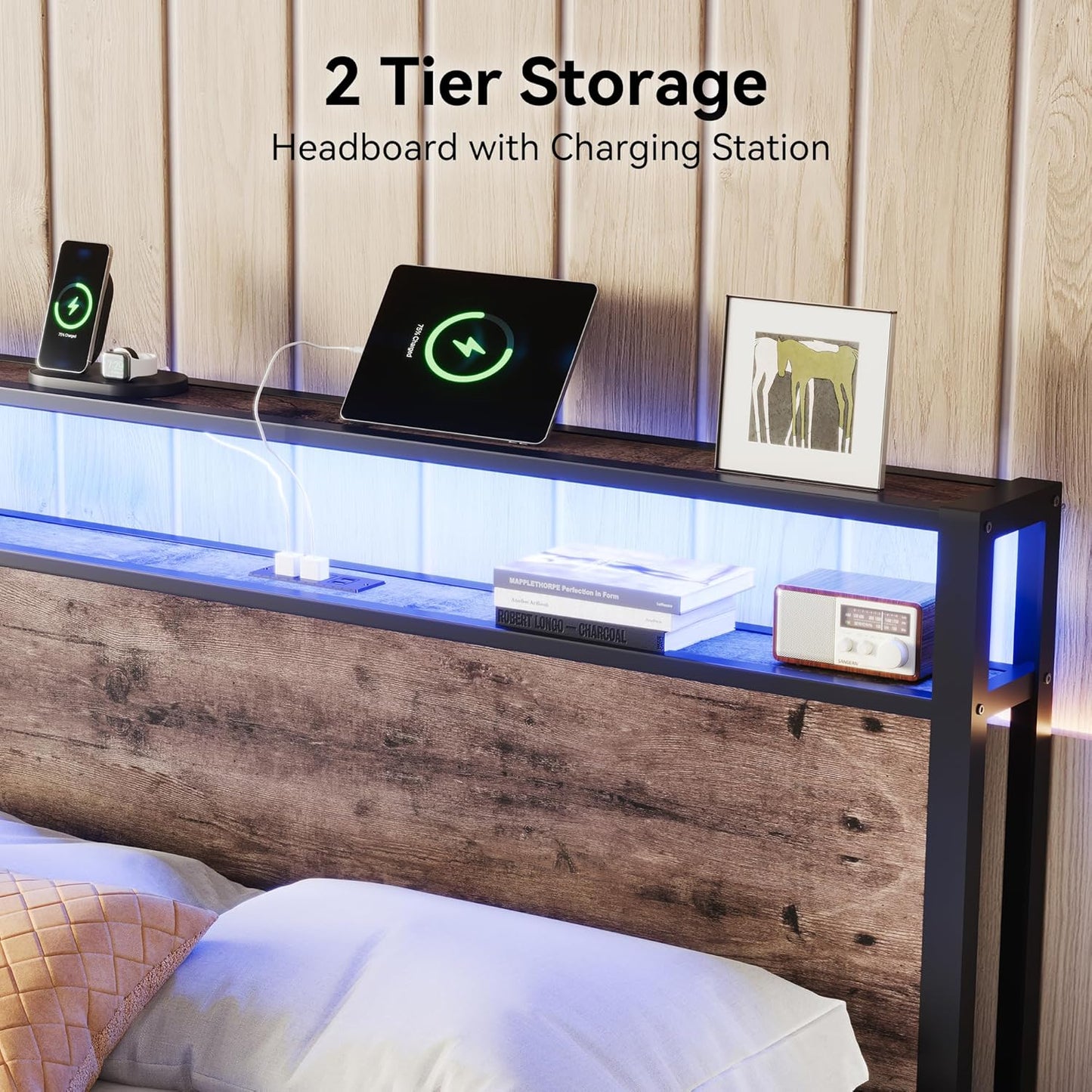 Queen Size Bed Frame with Storage Headboard, Sturdy Metal Platform Bed Frame with LED Lights and Charging Station, Easy Assembly, No Box Spring Needed, Noise Free, Rustic Brown