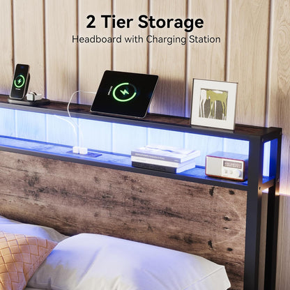 Queen Size Bed Frame with Storage Headboard, Sturdy Metal Platform Bed Frame with LED Lights and Charging Station, Easy Assembly, No Box Spring Needed, Noise Free, Rustic Brown