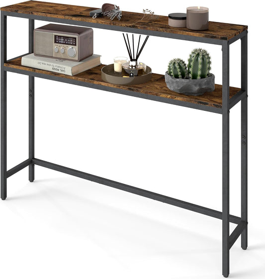 Console Table, 2-Tier Narrow Sofa Table with 2 Shelves, 7.9 X 39.4 X 31.5 Inches, for Living Room, Hallway, Entryway, Rustic Brown and Ink Black ULNT131K01V1