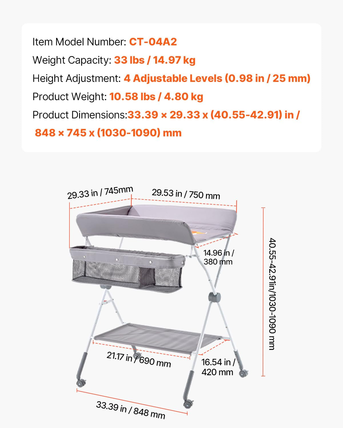 Baby Changing Table, Foldable Diaper Change Station with Side Basket, Adjustable Height Changing Table with Lockable Wheels, Multi-Functional Nursery Storage Organizer, Light Gray