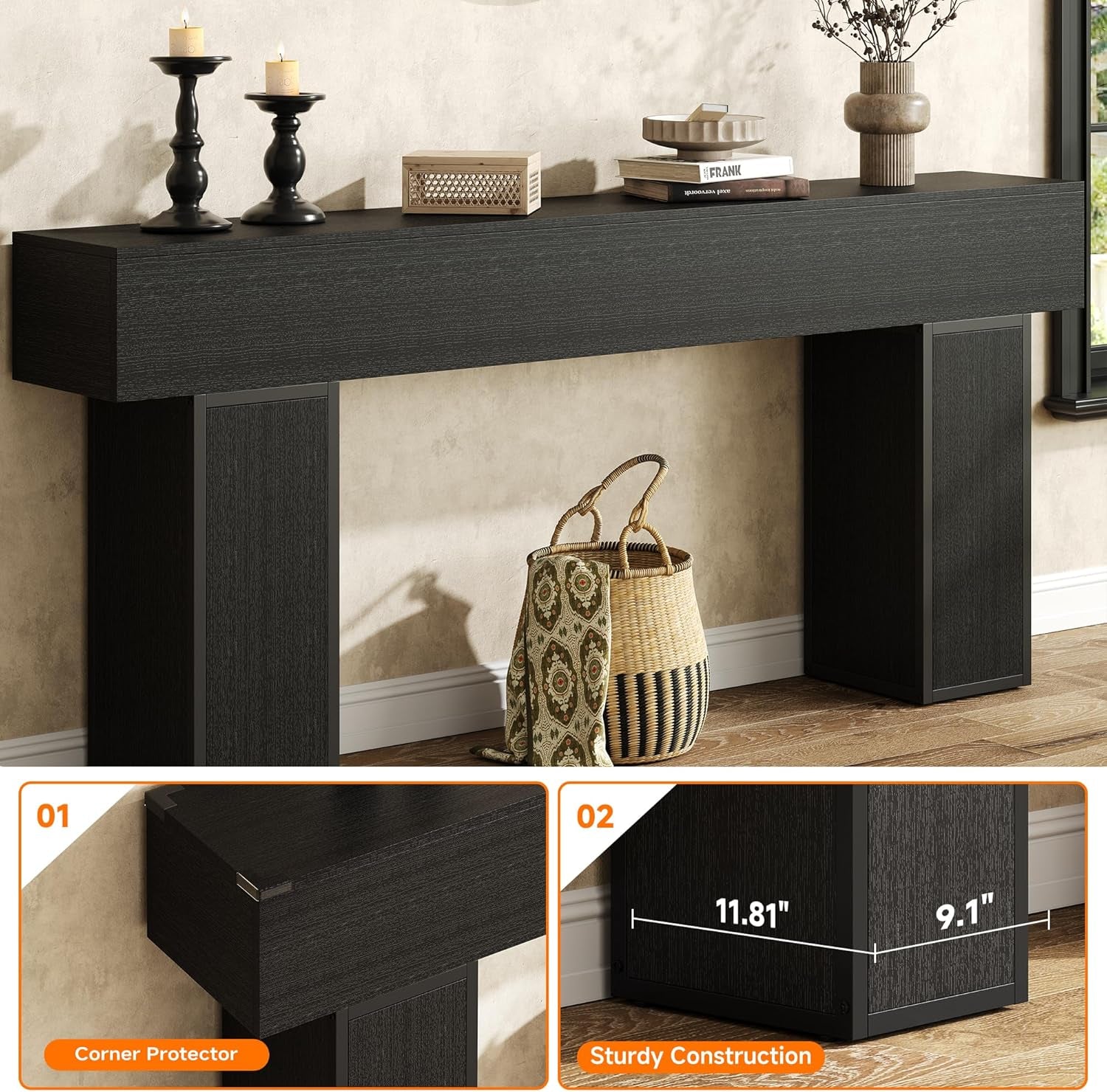 70.9-Inch Long Console Table, Wooden Sofa Table behind Couch Tables, Farmhouse Entryway Table Accent Table for Entrance, Hallway, Living Room, Foyer, Black