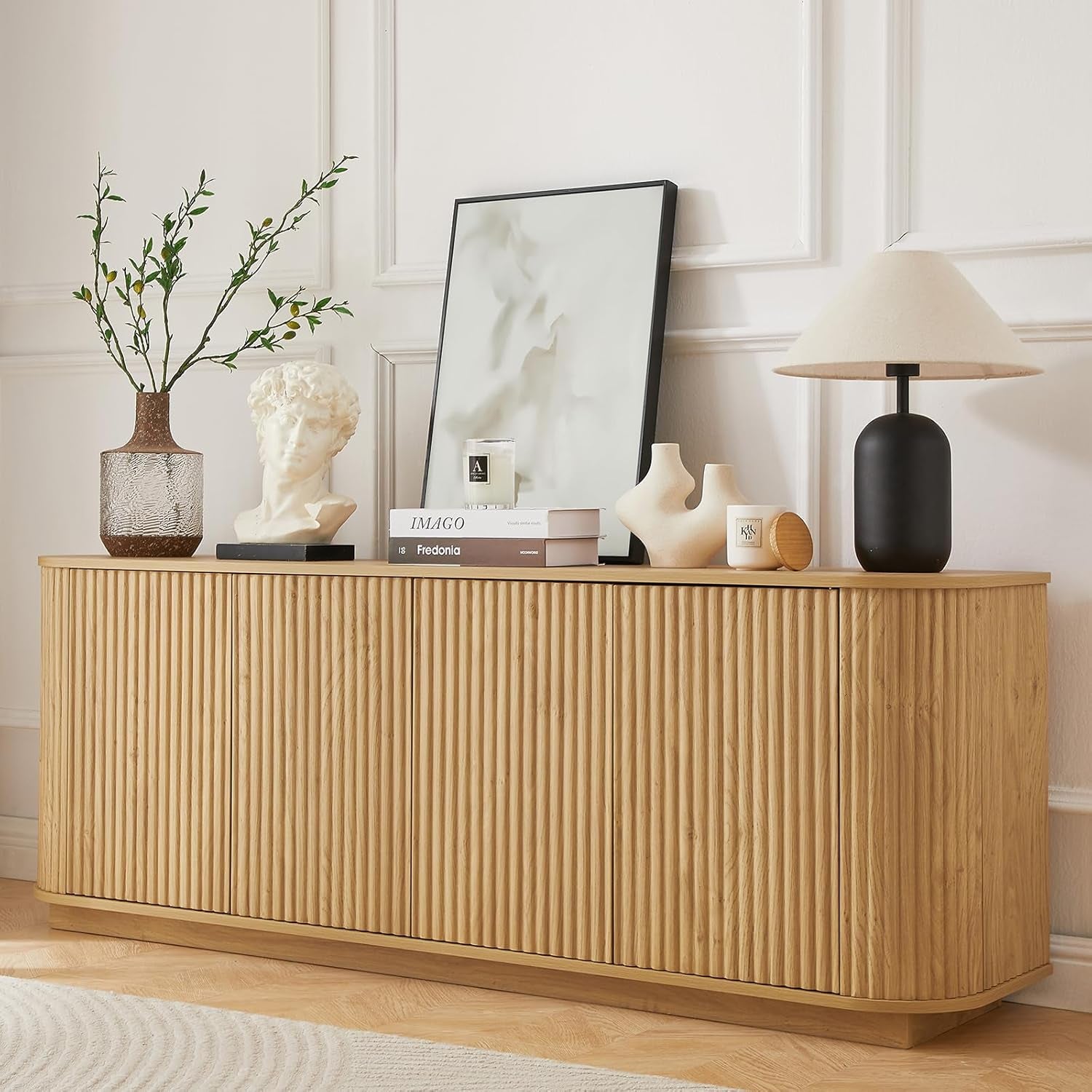 64" Sideboard Buffet Cabinet with Storage, Wooden Fluted Storage Cabinet Sideboard with Adjustable Shelves Pressed Spring for Kitchen Living Room (Natural Oak)