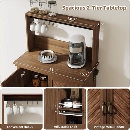 Farmhouse Coffee Bar Cabinet with Storage,31.5" Kitchen Cabinet with Hooks and Charging Station,Coffee Station with Adjustable Shelf and Hutch,Sideboard for Living Dining Room
