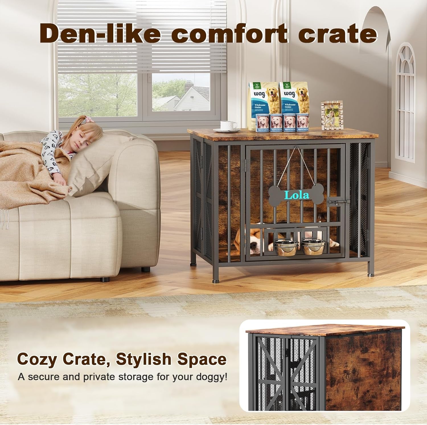 Dog Crate Furniture, 31.5" Assembly-Free Dog Crates for Small & Medium Dogs, Foldable Dog Kennel Indoor with Tag & Adjustable Dog Bowls, Wooden Dog Cage Use as End Table, Rustic Brown