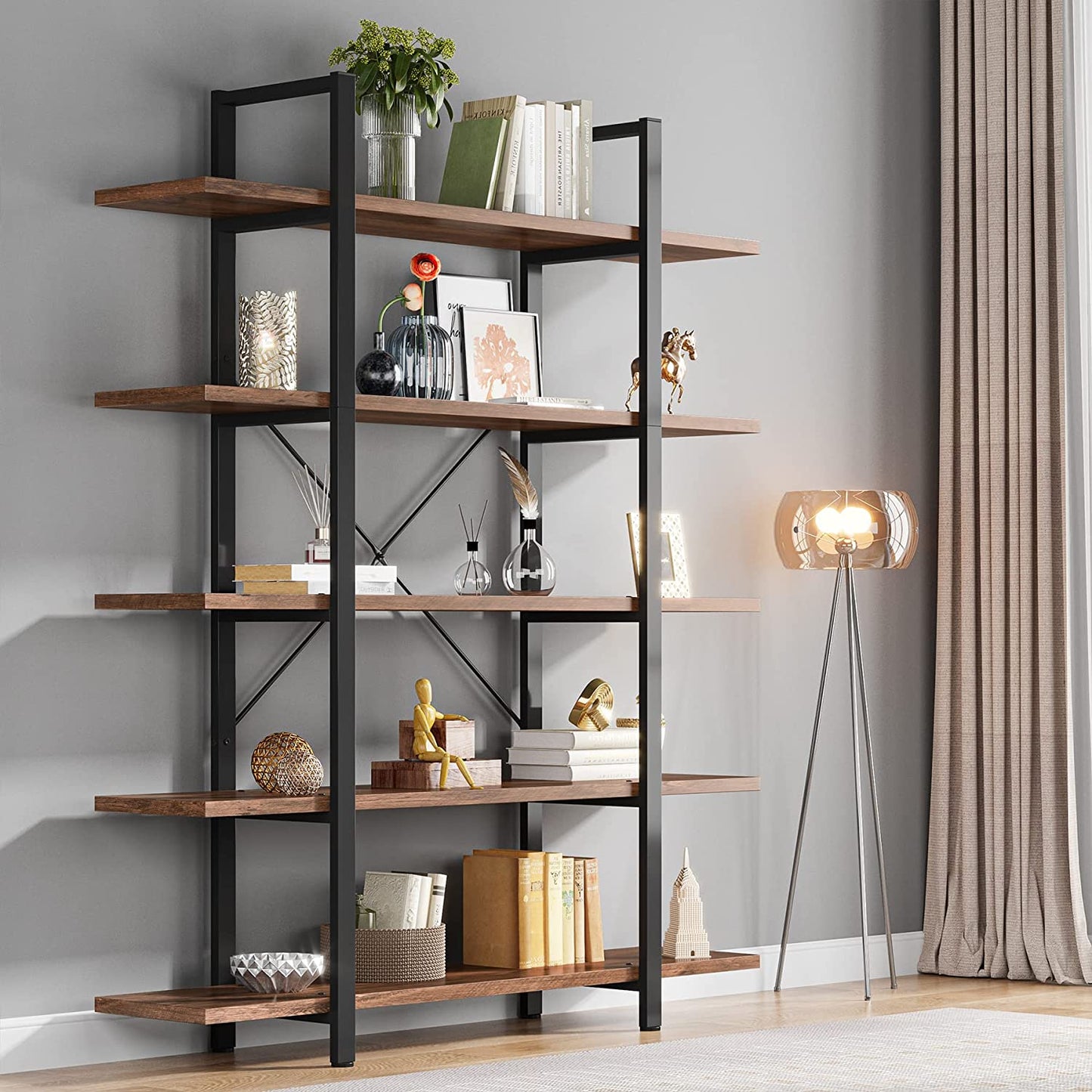 5-Tier Bookshelf, Vintage Industrial Style Bookcase 72 H X 12 W X 47L Inches