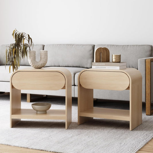 Iris Mid-Century Modern Nightstand with Drawer, End Table with Storage for Bedroom or Living Room with Rounded Silhouette, Light Oak Set of 2