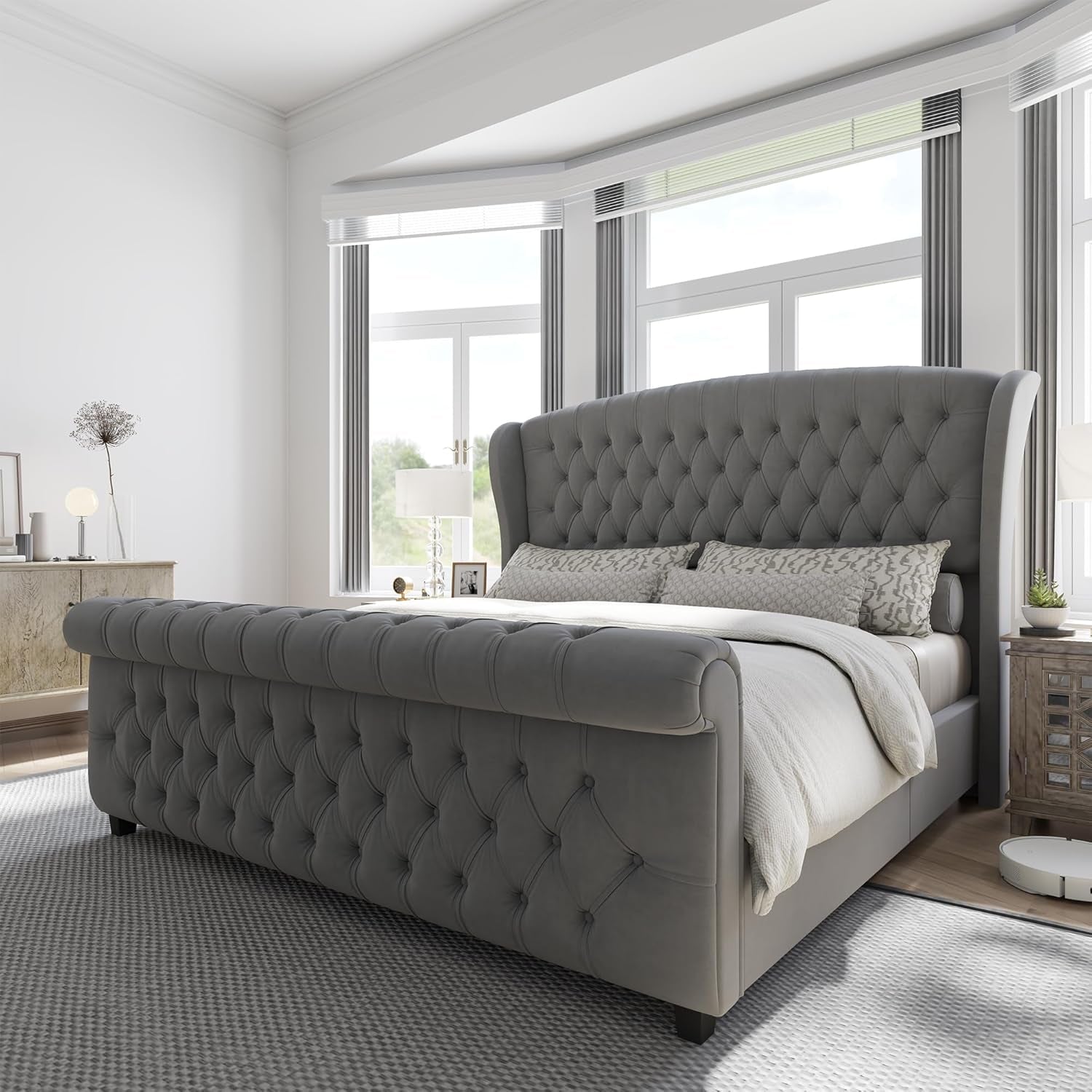 King Size Platform Bed Frame, Velvet Upholstered Sleigh Bed with Scroll Wingback Headboard & Footboard/Button Tufted/No Box Spring Required/Grey