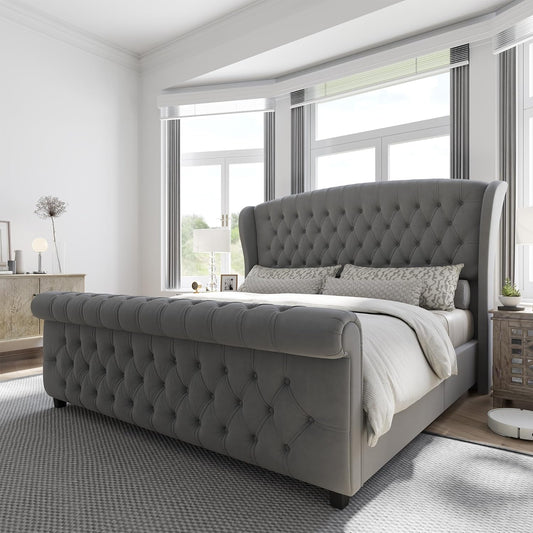 King Size Platform Bed Frame, Velvet Upholstered Sleigh Bed with Scroll Wingback Headboard & Footboard/Button Tufted/No Box Spring Required/Grey