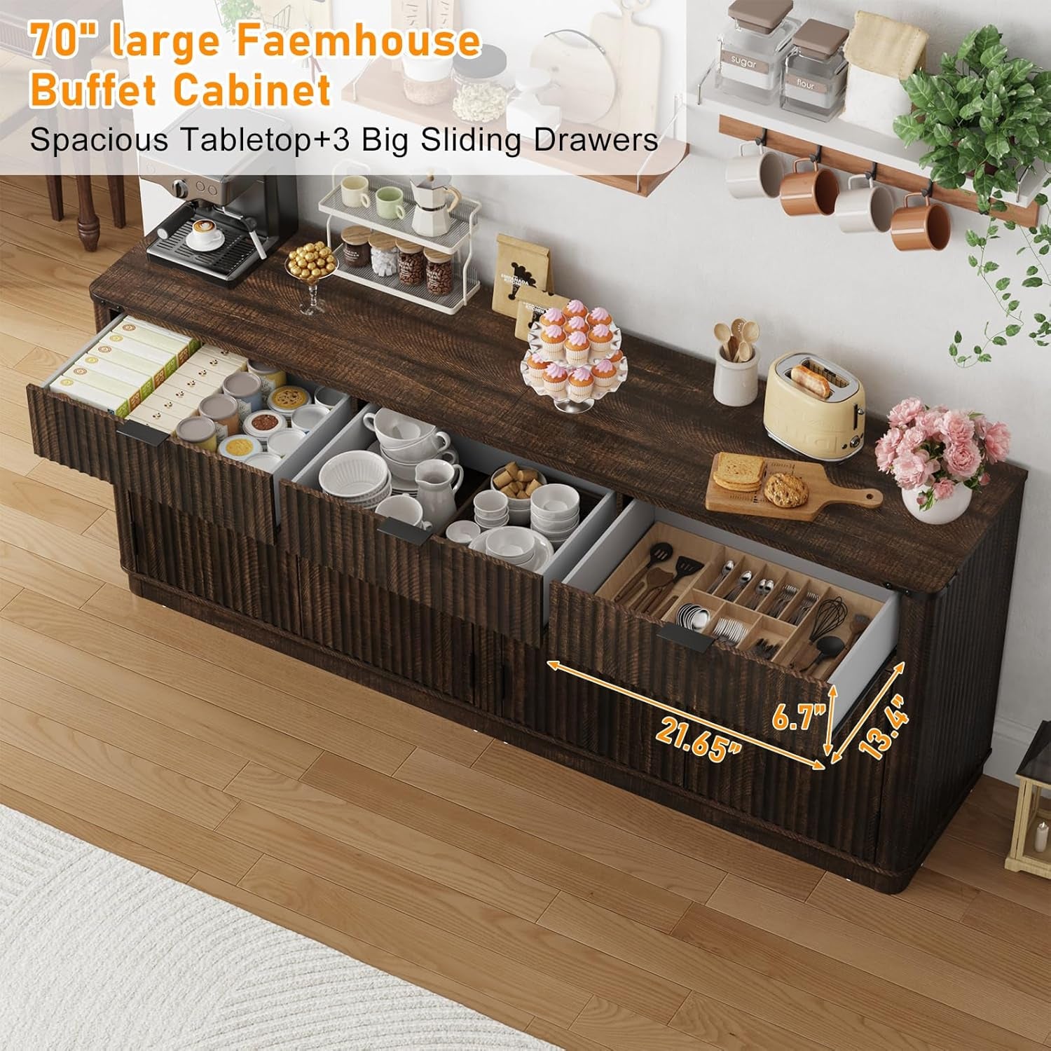 70” Large Curved Buffet Cabinet with 3 Storage Drawers,Kitchen Fluted Sideboard Cabinet W 4 Door Shelves,W Load-Bearing Steel Pipe,Wood Farmhouse Coffee Bar Cabinets,Kitchen Pantry(Rustic Brown)