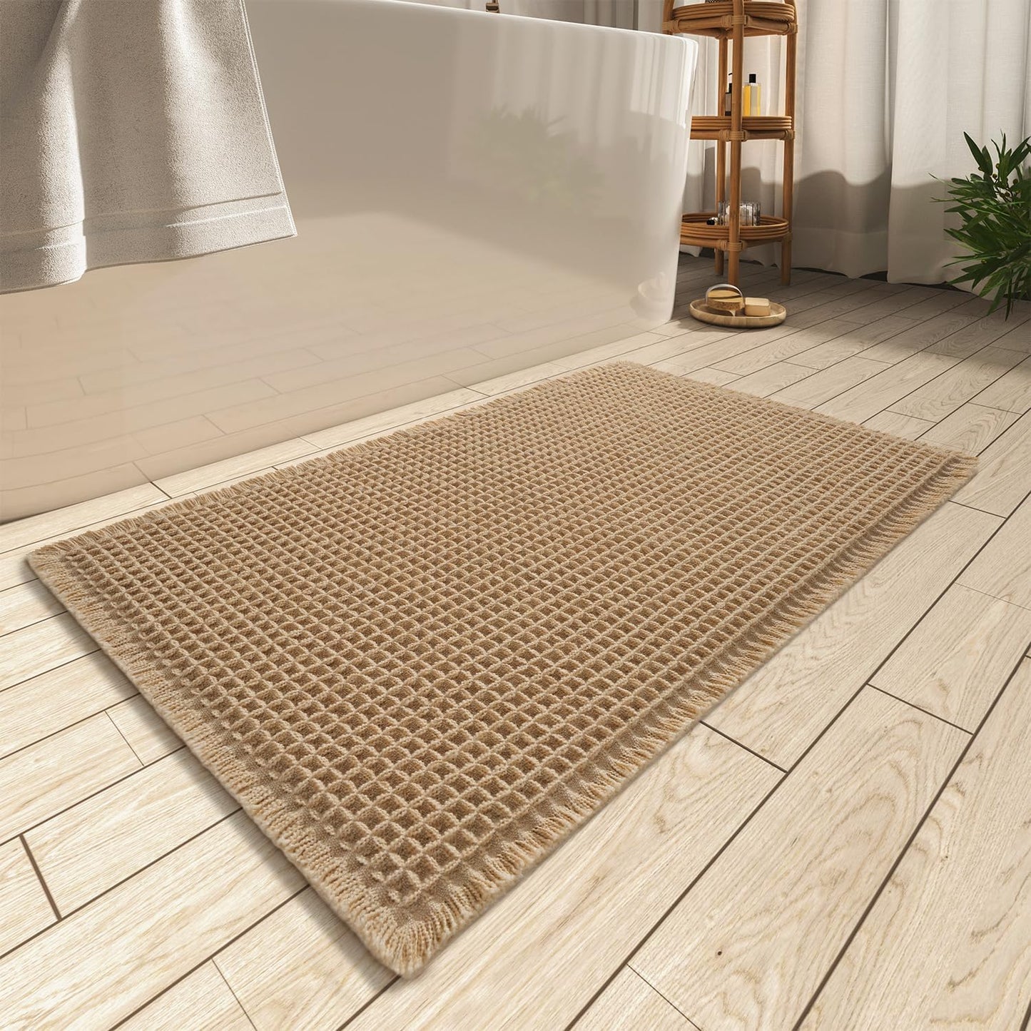 Upgraded Waffle Bath Mat, Super Absorbent Non Slip Bath Mats for Bathroom Floor, Machine Washable Bathroom Rugs with Tassels, Rubber Backed Bathroom Mats, Ultra Soft, 17" X 24", Brown
