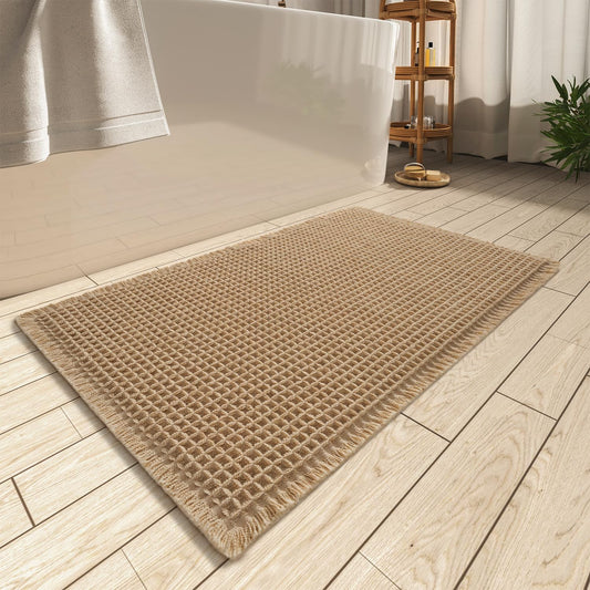 Upgraded Waffle Bath Mat, Super Absorbent Non Slip Bath Mats for Bathroom Floor, Machine Washable Bathroom Rugs with Tassels, Rubber Backed Bathroom Mats, Ultra Soft, 17" X 24", Brown