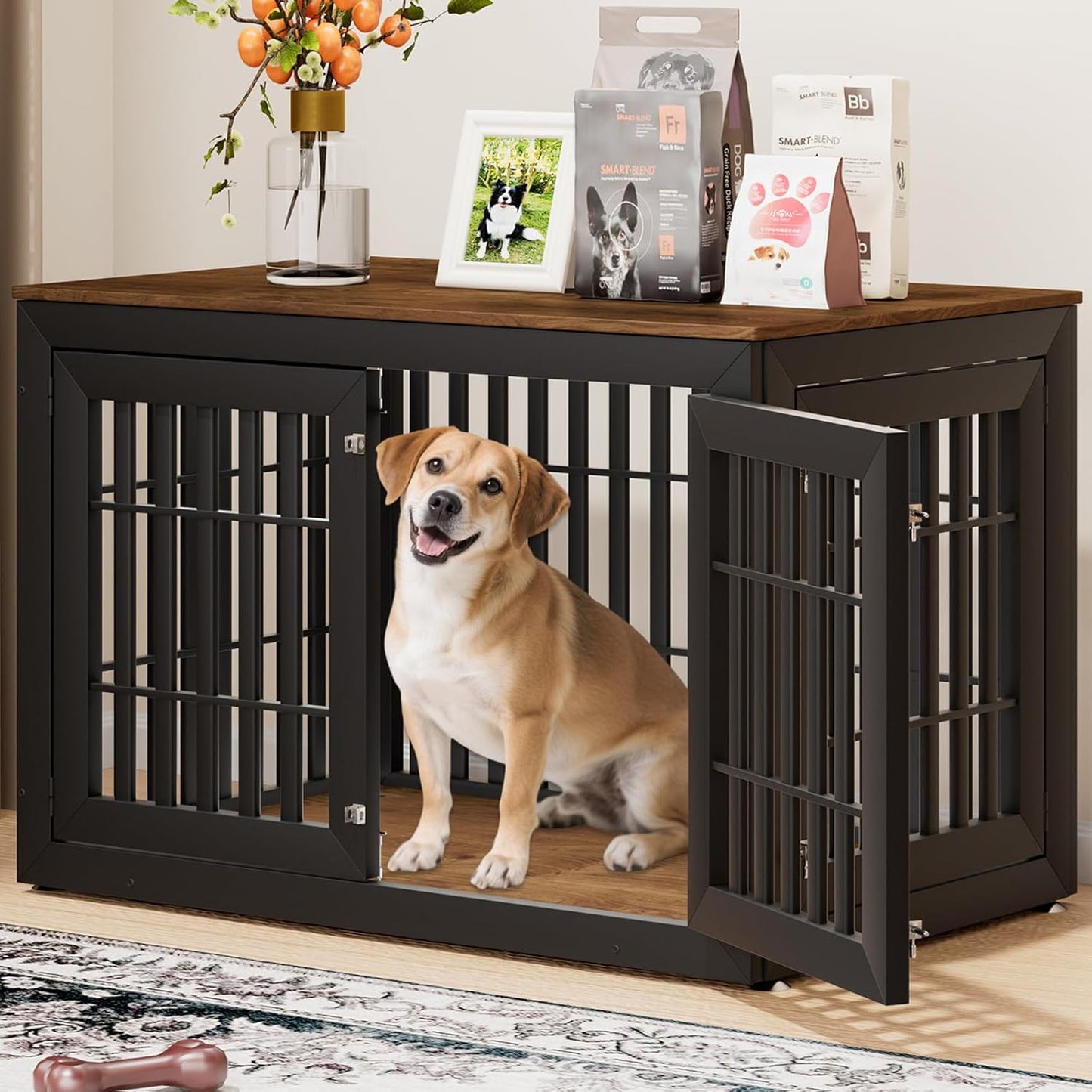 32" Heavy Duty Dog Crate Furniture for Small,Medium and Large Dogs,Rustic Wooden Dog Cage Kennel Indoor Furniture with Waterproof Top,Decorative Pet House Side End Table (Black)