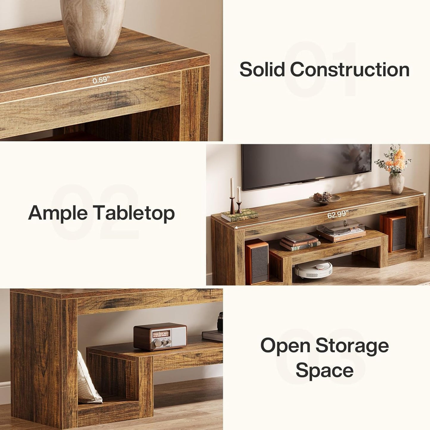 63-Inch TV Stand for 55/60/65/75-Inch Tvs, Farmhouse Entertainment Center with Open Storage Shelves, Rustic Brown Television Console for Living Room, Bedroom