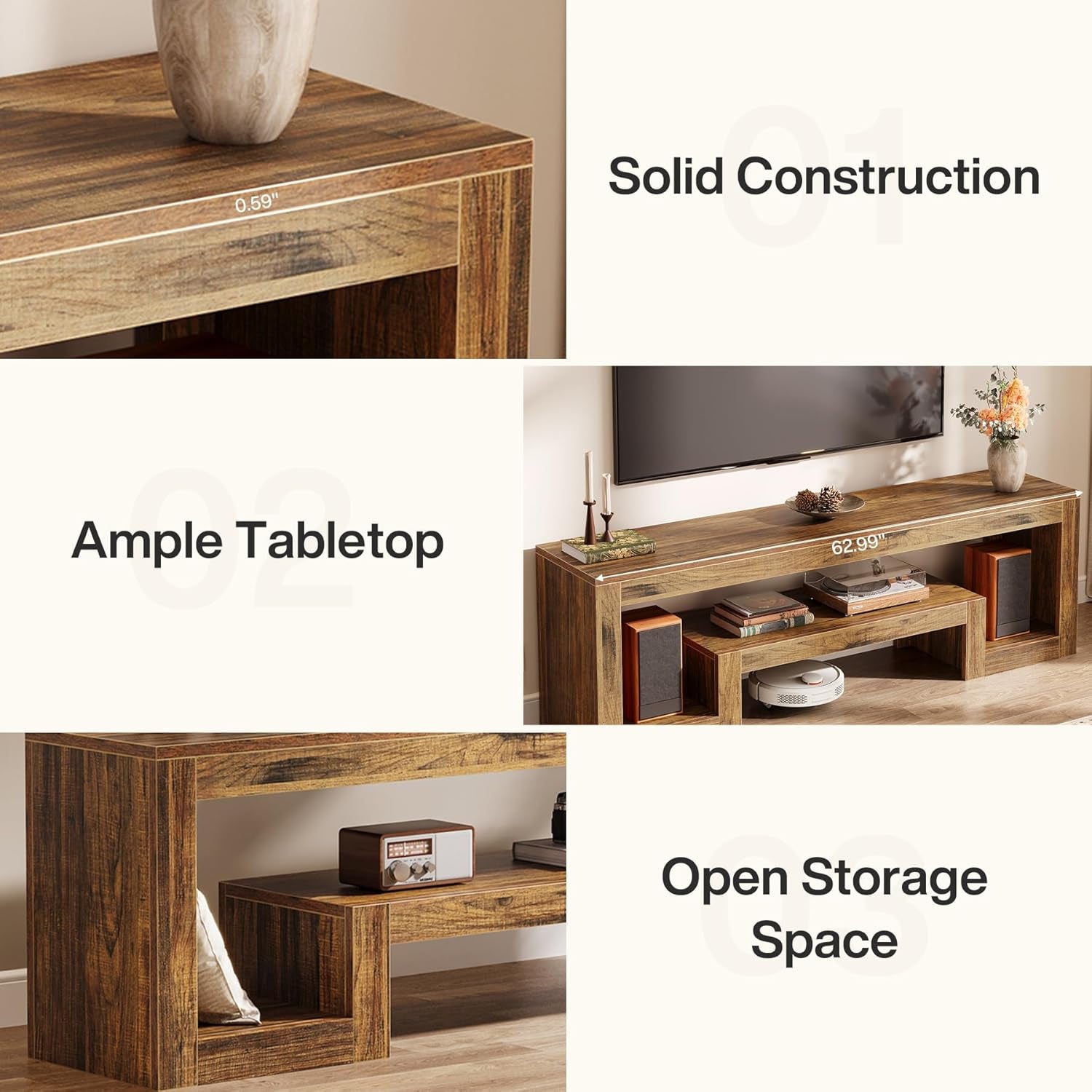 63-Inch TV Stand for 55/60/65/75-Inch Tvs, Farmhouse Entertainment Center with Open Storage Shelves, Rustic Brown Television Console for Living Room, Bedroom