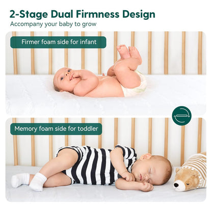 Breathable Crib Mattress, Dual-Sided, Memory Foam, Waterproof, Removable and Machine-Washable Cover, for Toddler and Baby 52" X 27.5"