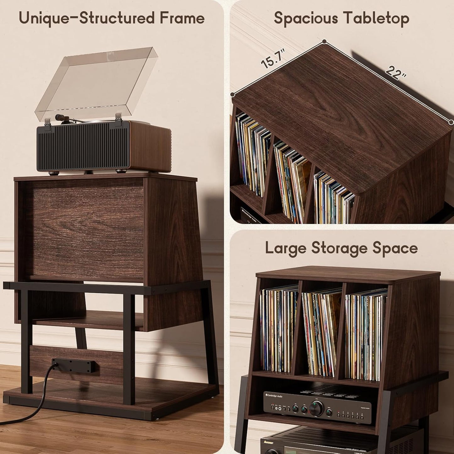 Record Player Stand with Vinyl Storage Cabinet, 22" Record Player Table up to 200 Albums, Large Wood Turntable Stand with Record Album Holder with Charging Station & LED Light, Espresso