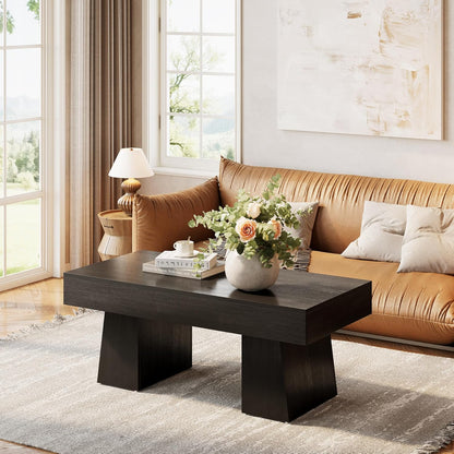 Farmhouse Coffee Table, 47 Inches Wooden Rectangular Accent Center Tables with Thick Base, Modern Low Cocktail Tea Furniture for Living Room (Black)