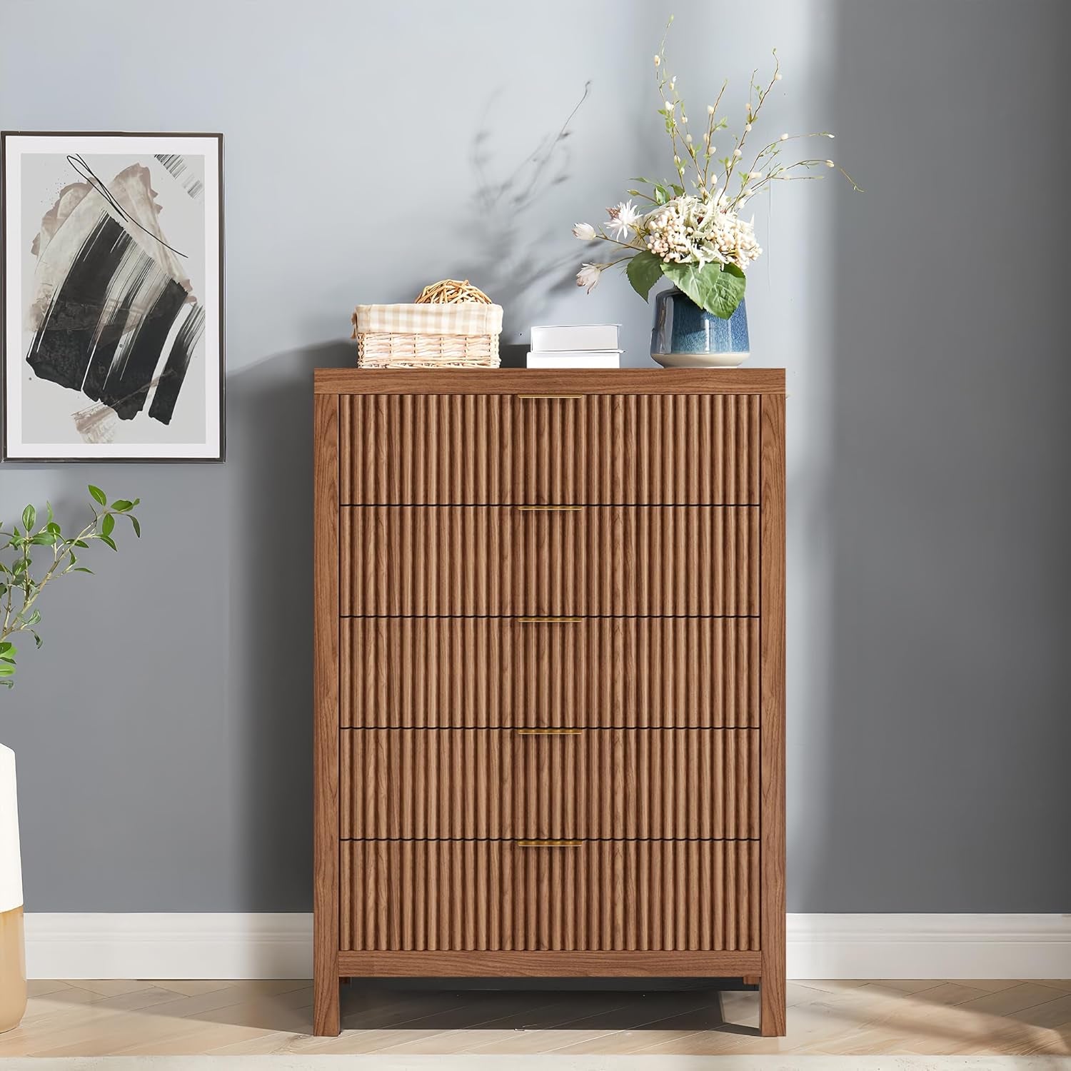 Dresser for Bedroom with 5 Storage Drawers, Storage Dresser Organizer with Wood Top, Nightstand Furniture with Wide Drawer Organizer in Living Room,Closet,Entryway,Hallyway Walnut Oak