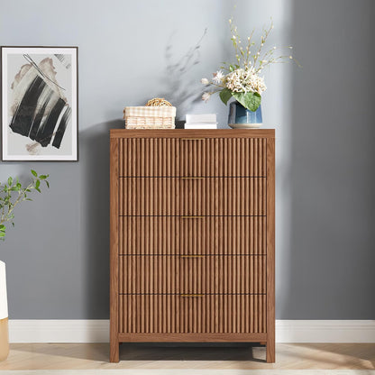 Dresser for Bedroom with 5 Storage Drawers, Storage Dresser Organizer with Wood Top, Nightstand Furniture with Wide Drawer Organizer in Living Room,Closet,Entryway,Hallyway Walnut Oak