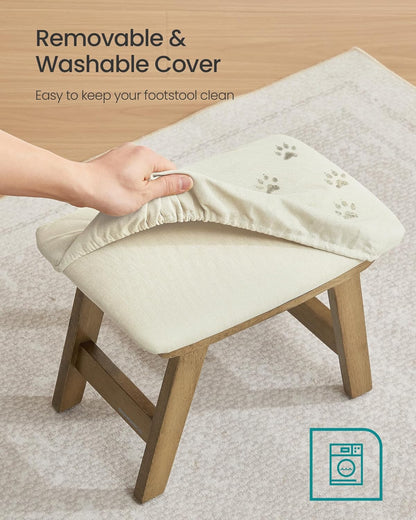 Foot Stool Ottoman, Padded Foot Rest under Desk with Solid Wood Frame, Removable Cover, for Living Room, 9.8 X 15.4 X 11.8 Inches, Summer Sand and Brown ULSF052LF01
