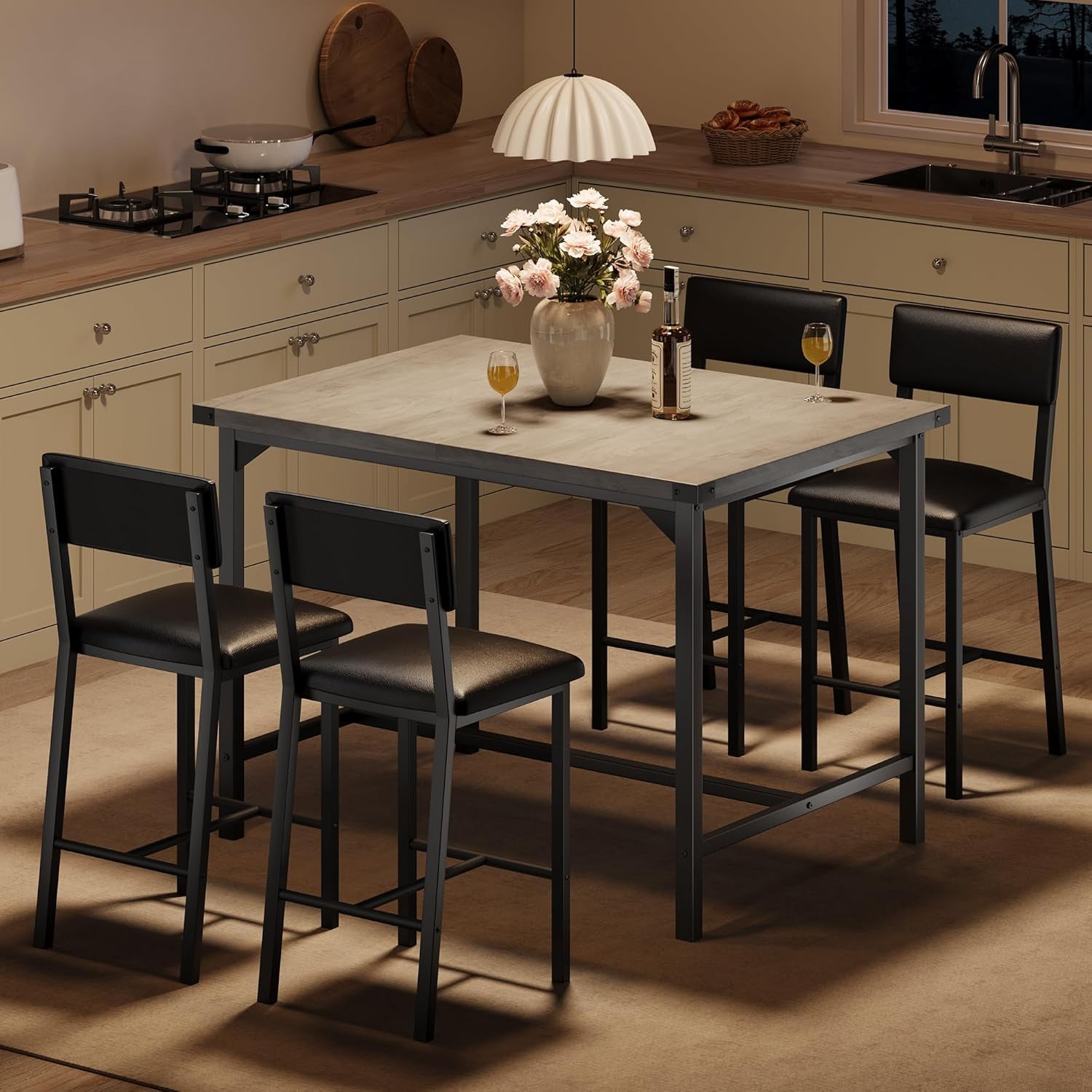 Dining Table Set for 4 W/Footrest & Corner Protector, 5-Piece Kitchen Table Set with Counter Height Table & 4 Upholstered Bar Stools, for Kitchen Room, Apartment, Pub, Retro Gray