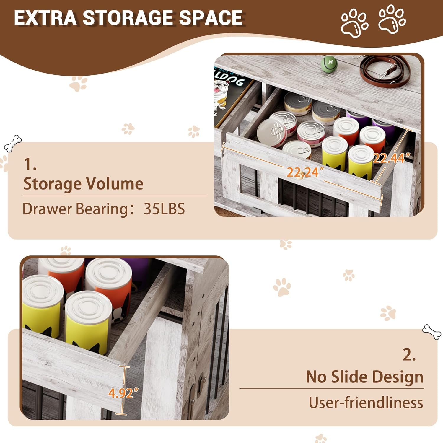 Dog Furniture Crate, 47" Large Dog Crate Furniture W/ 2 Storage Draws & Removable Divider for Large/Medium/Small Dogs (White, Double Cage)