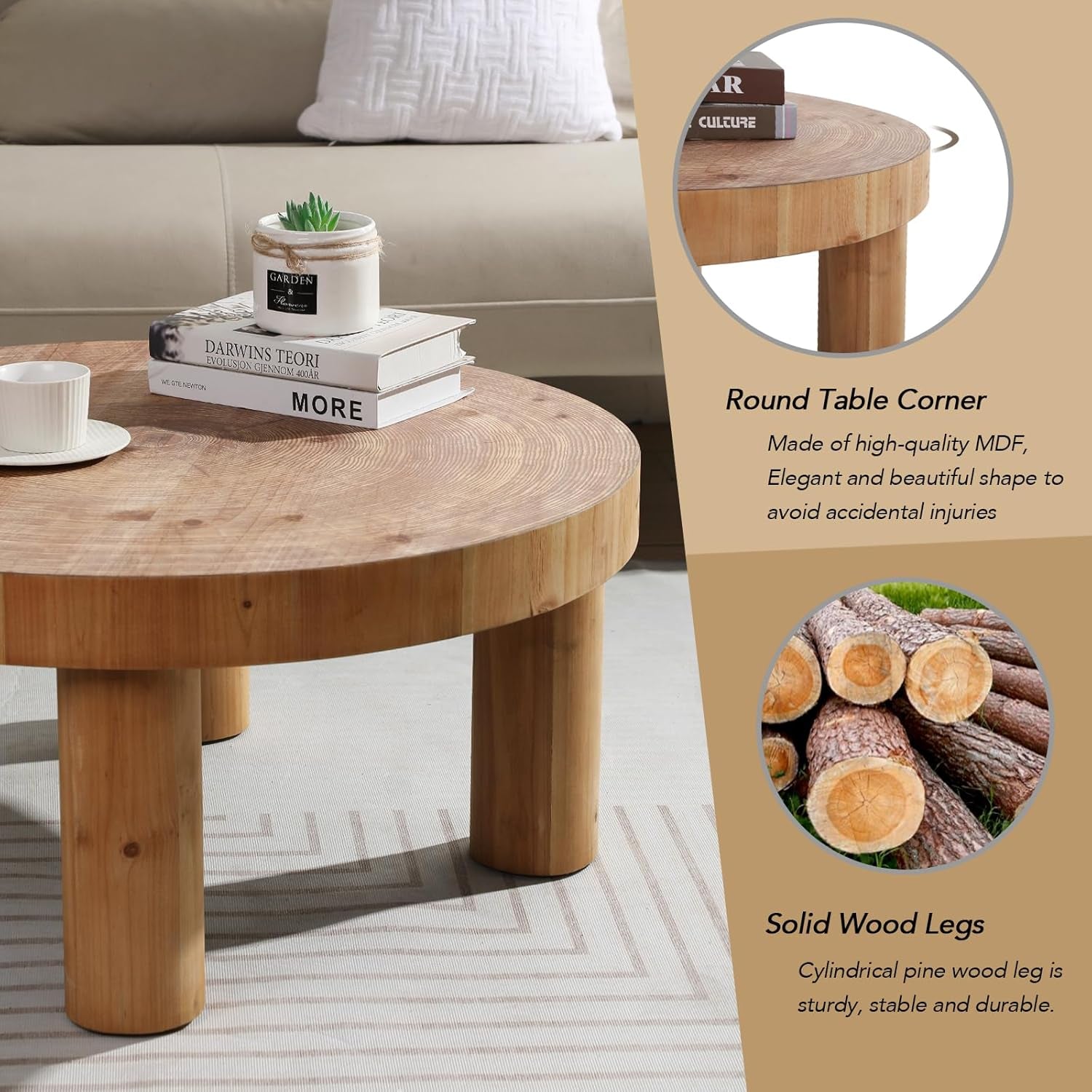 2-Piece round Farmhouse Coffee Table, Rustic Coffee Table Sets, Circle Wooden Ring Finish with Solid Wood Legs, Center Tables Set for Living Room (Natural)