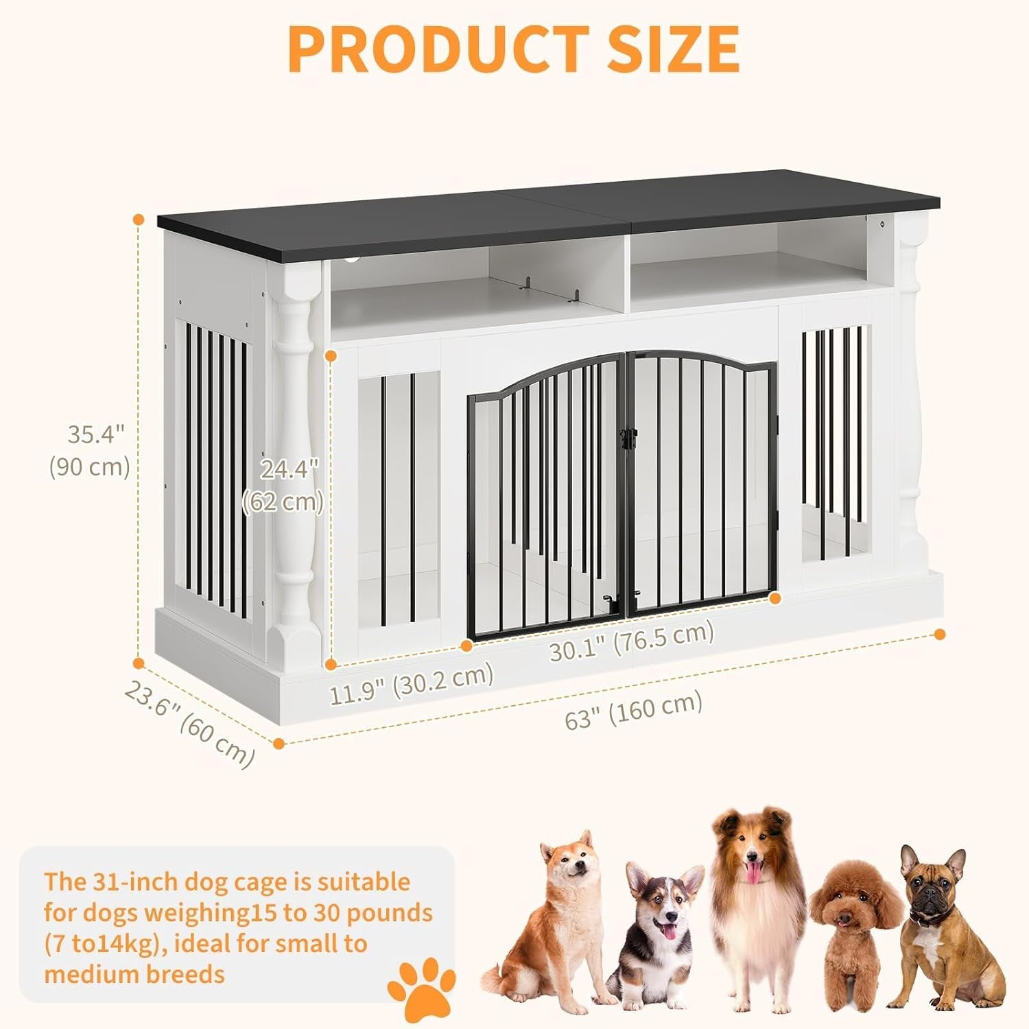63" Large Dog Crate Furniture for Small & Medium Dogs, Roman Column Kennel Furniture with Semi-Open Storage, TV Stand Dog Cage Table, Heavy Duty Indoor Dog Kennel, White+Black Top