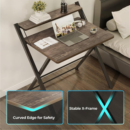 No Assembly Folding Desk, 2-Tier Compact Computer Desk with Shelf, Space Saving Foldable Table for Home Office, Dorm or Apartment, Portable Collapsible Sturdy Laptop Desk, White