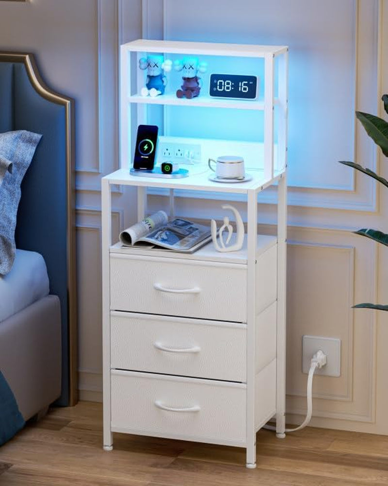 Night Stand, White Bedside Nightstand with 4-Tier Shelves and 3 Fabric Drawers, LED Bed Side Tables with Charging Station, Tall Dresser for Bedroom, Hallway, Office