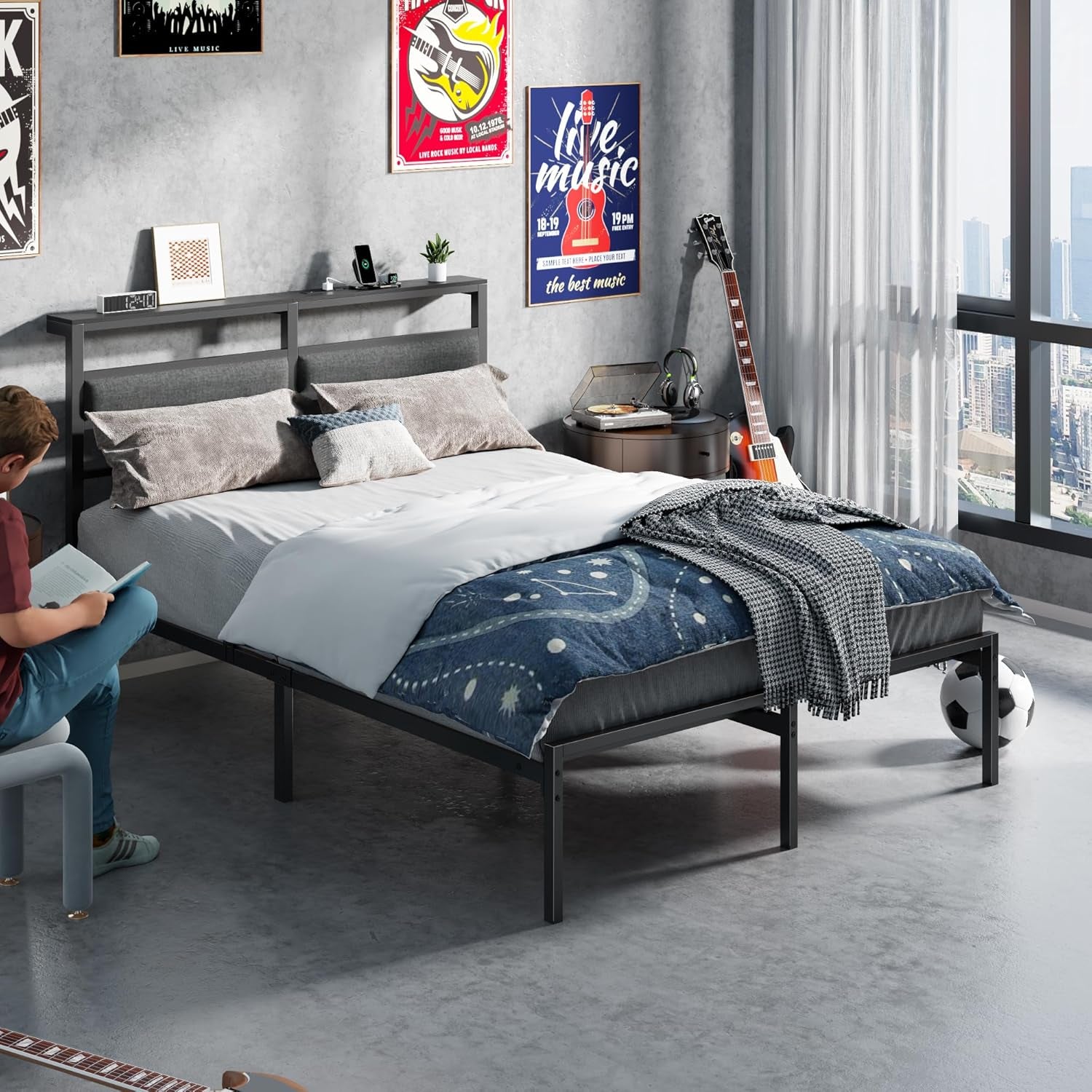 Full Size Bed Frame with Headboard, Bed Frame Full Size with LED Light and Charging Station, Black Metal Platform Bedframe and Storage Shelf, No Box Spring Needed, Noise Free