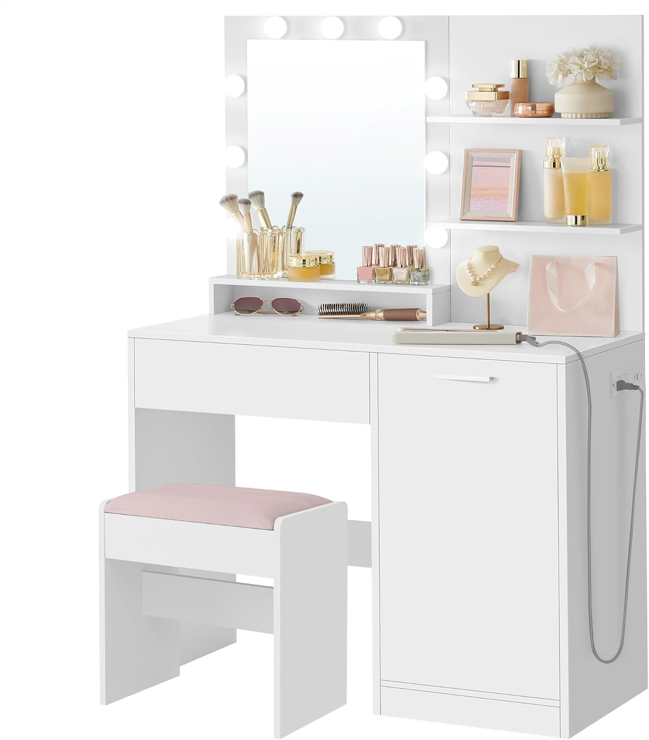 Vanity Desk with Mirror and Lights, Power Outlets, Vanity Table Set with Stool, Drawers, 35.4-Inch Wide Makeup Vanity, Jewelry Storage, Adjustable Shelves, for Bedroom, Cloud White URDT132W02