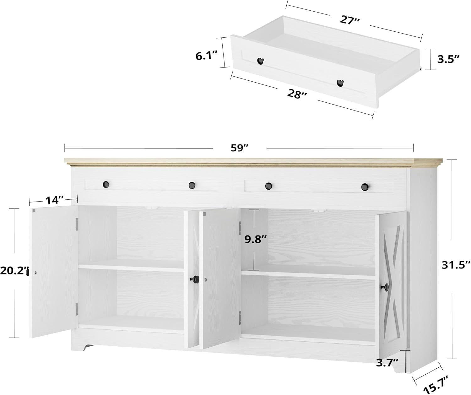 Buffet Cabinet with Storage, Sideboard Storage Cabinet, Kitchen Cabinet with Drawers and Doors, Natural Wood