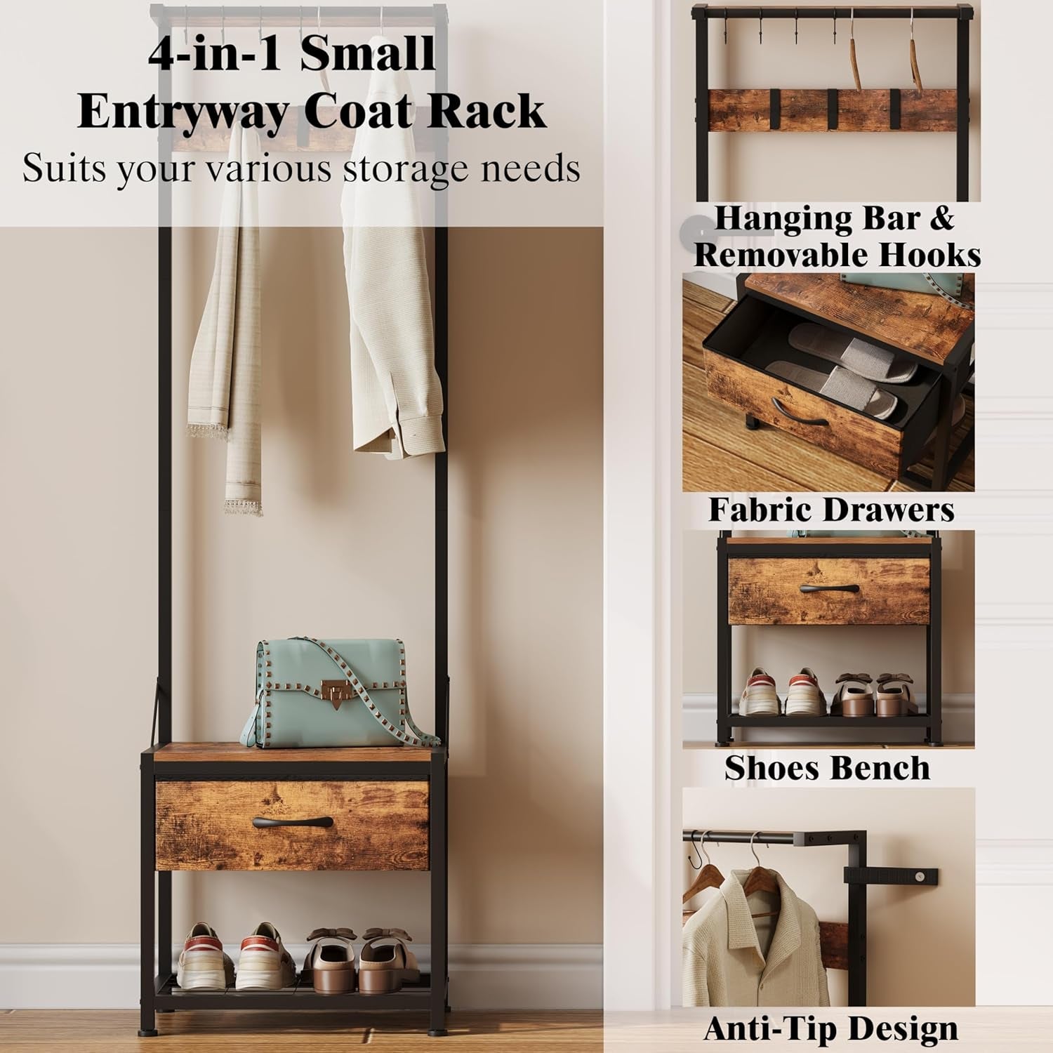 Hall Tree with Shoes Bench, Small Coat Rack with Fabirc Drawer and Shelf for Bedroom, 4-In-1 Entryway Organizer with Shoes Stool for Living Room, Entryway, Closets (Rustic Brown)