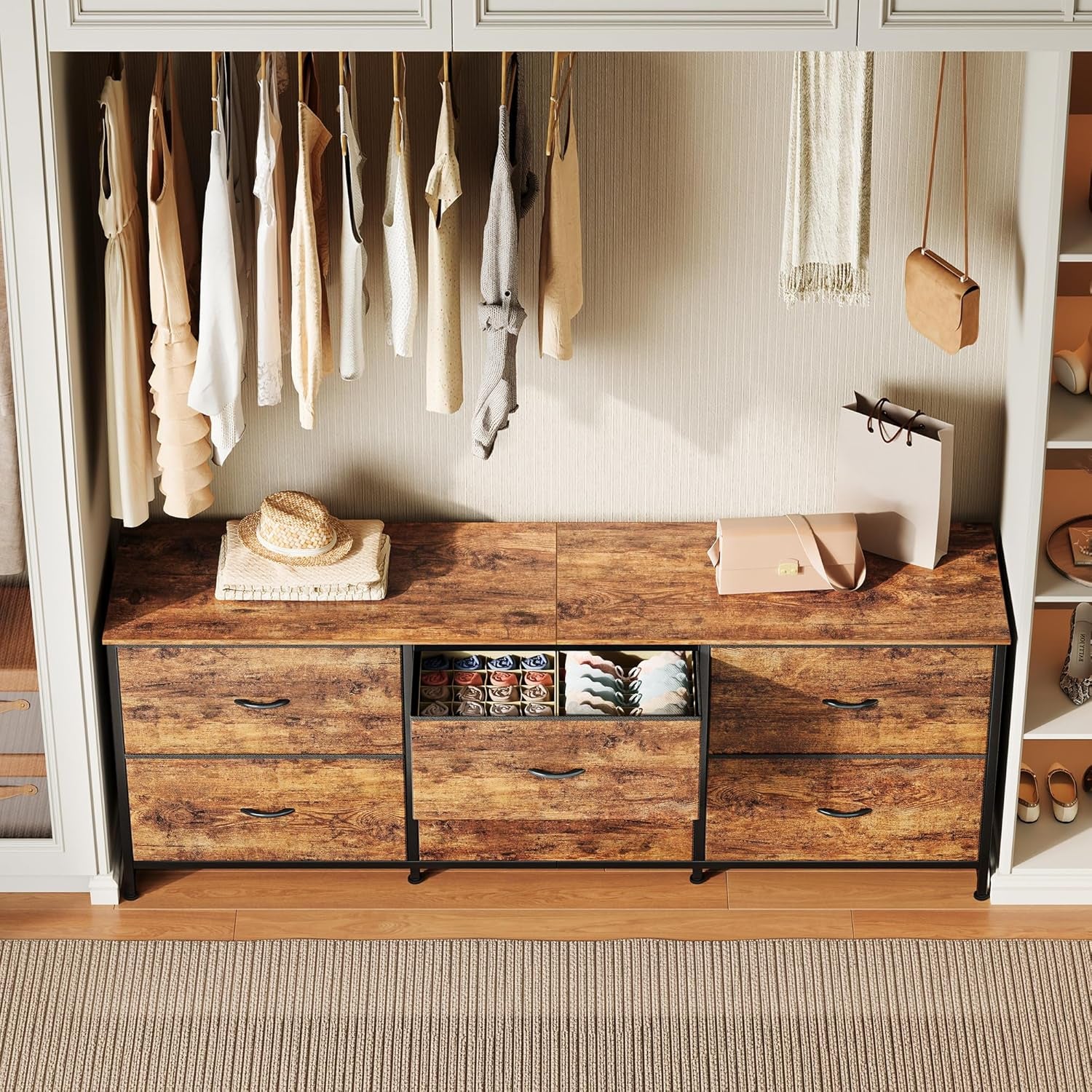 63 Inch Long Dresser for Bedroom, Wide TV Stand for 55, 65, 70 Inch TV, 6 Drawer Dresser for Closet with Fabric Drawers, Storage Organizer for Bedroom, Entryway, Rustic Brown