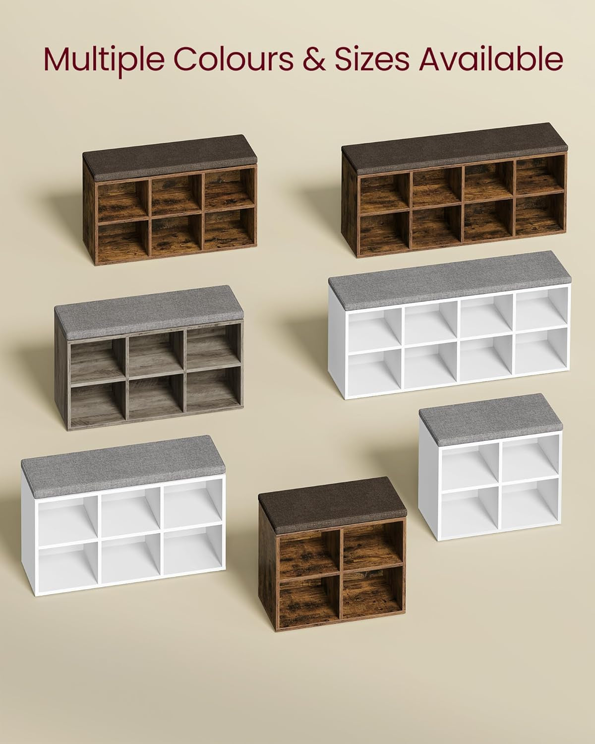 Shoe Bench with Cushion, Shoe Storage Bench with 6 Compartments and 3 Adjustable Shelves, Entryway Bench with 3 Storage Boxes, for Bedroom, Closet, Living Room, Heather Greige ULSB101K01