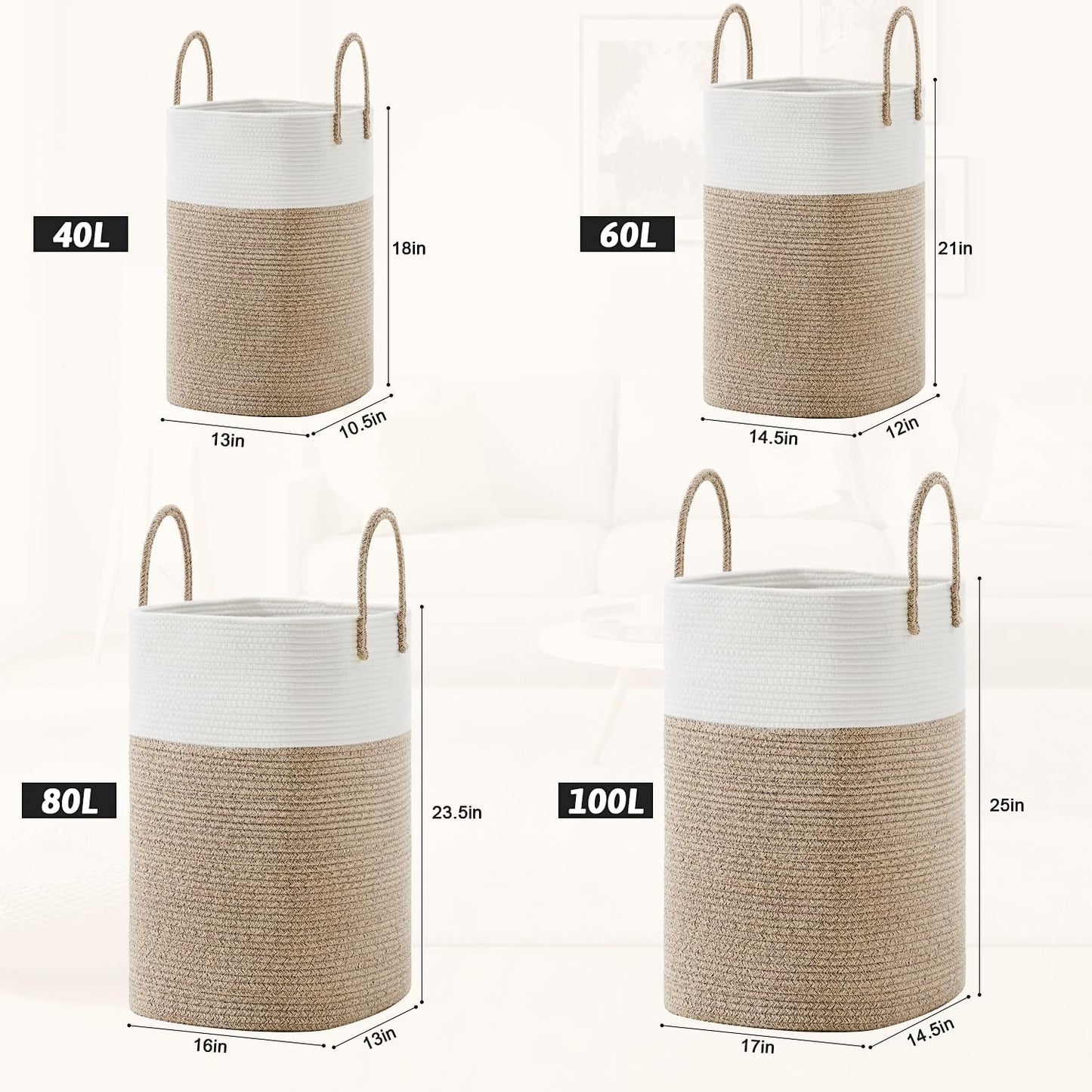 Laundry Basket,Woven Cotton Rope Laundry Hamper,Versatile Storage for Dirty Clothes,Baby Toys,And Blankets in Bathroom, Nursery,And Living Room (Brown, 60L)