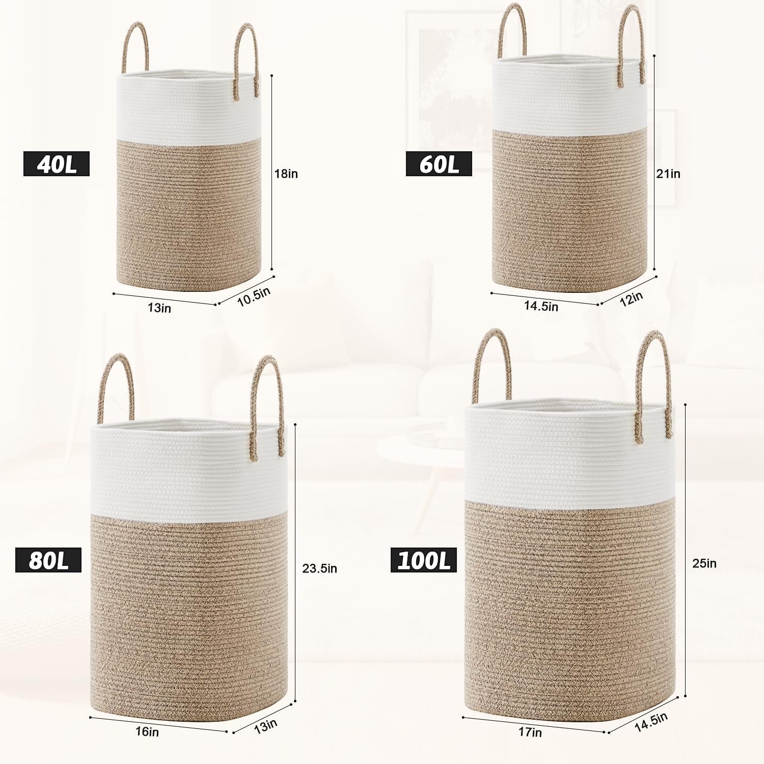 Laundry Basket,Woven Cotton Rope Laundry Hamper,Versatile Storage for Dirty Clothes,Baby Toys,And Blankets in Bathroom, Nursery,And Living Room (Brown, 60L)
