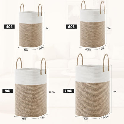 Laundry Basket,Woven Cotton Rope Laundry Hamper,Versatile Storage for Dirty Clothes,Baby Toys,And Blankets in Bathroom, Nursery,And Living Room (Brown, 60L)