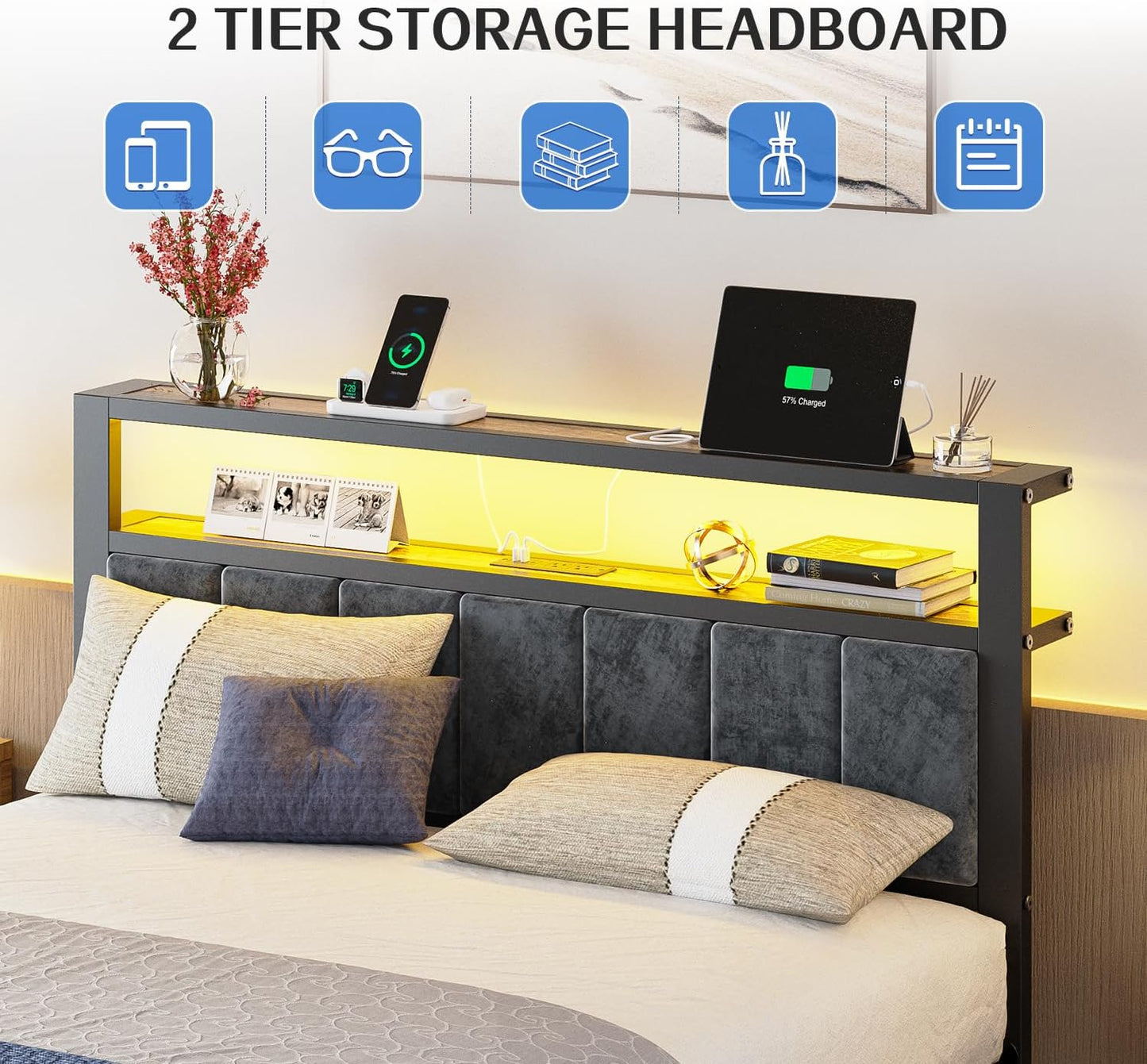 Full Size Platform Bed Frame with LED Lights, Charging Station, Grey Upholstered Headboard with 2-Tier Storage Shelves, Noise Free, No Box Spring Needed