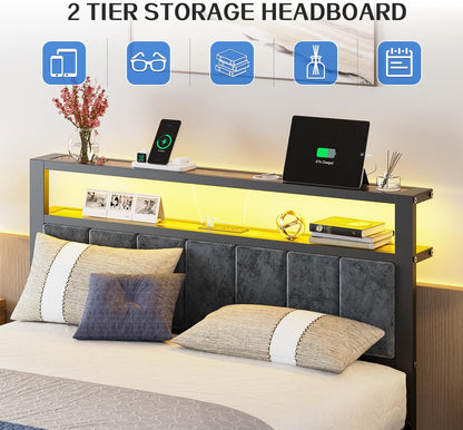 Full Size Platform Bed Frame with LED Lights, Charging Station, Grey Upholstered Headboard with 2-Tier Storage Shelves, Noise Free, No Box Spring Needed