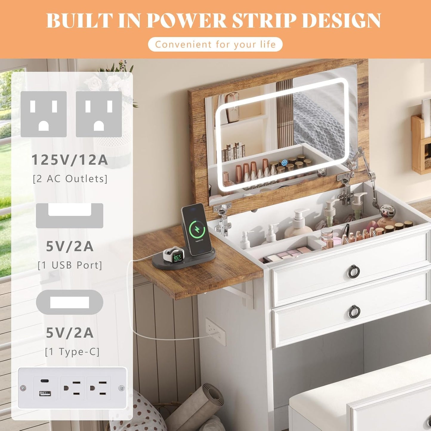 Makeup Vanity Desk with Mirror and Lights, Compact Vanity with Hidden Chair & Charging Station, 3 in 1 Space-Saving Vanity Table for Girls, Small Bedroom & Apartments, White & Barnwood