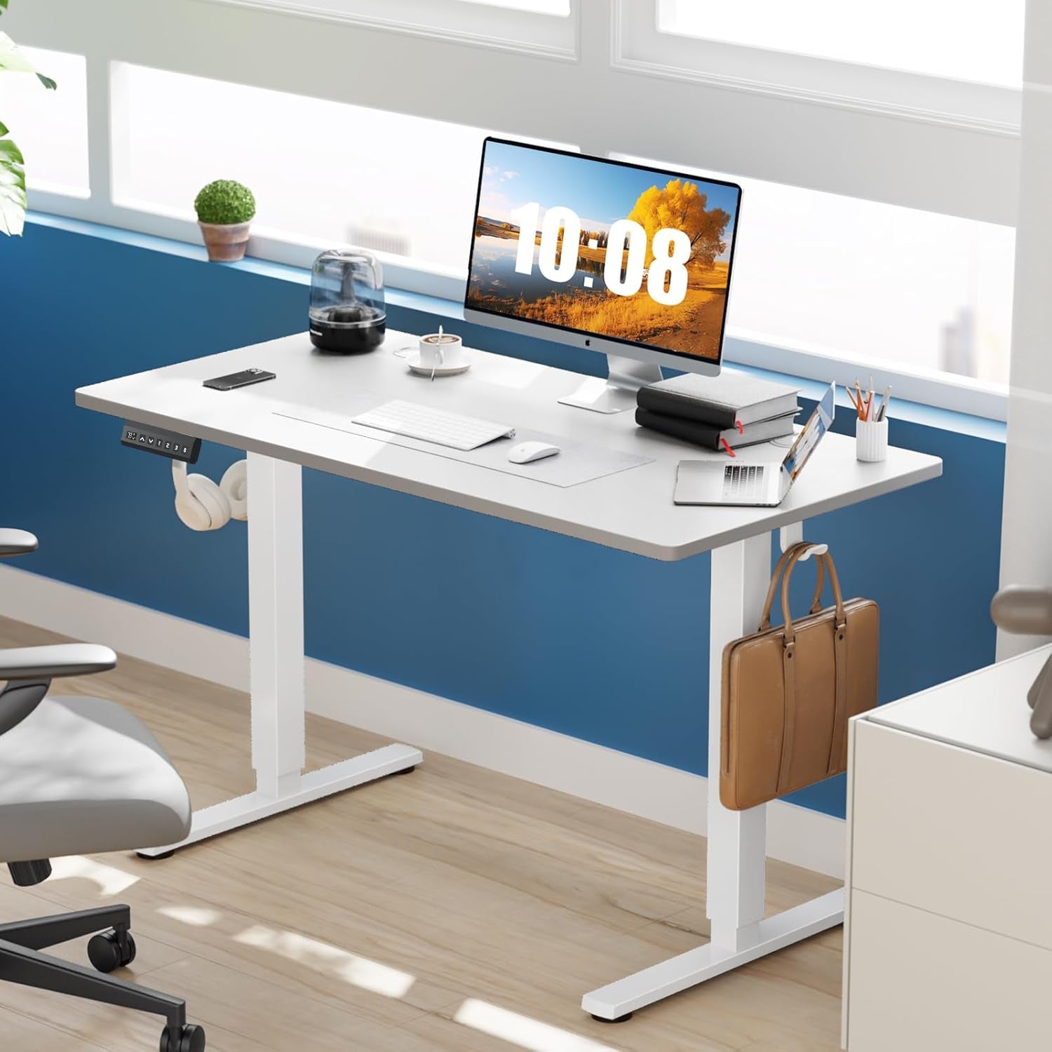 Electric Standing Desk Adjustable Height, 55X24 Inch Sit Stand up Home Office Desks Computer Workstation PC Work Table with 3 Memory Preset Splice Wood Board Metal Frame, White