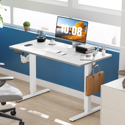 Electric Standing Desk Adjustable Height, 55X24 Inch Sit Stand up Home Office Desks Computer Workstation PC Work Table with 3 Memory Preset Splice Wood Board Metal Frame, White