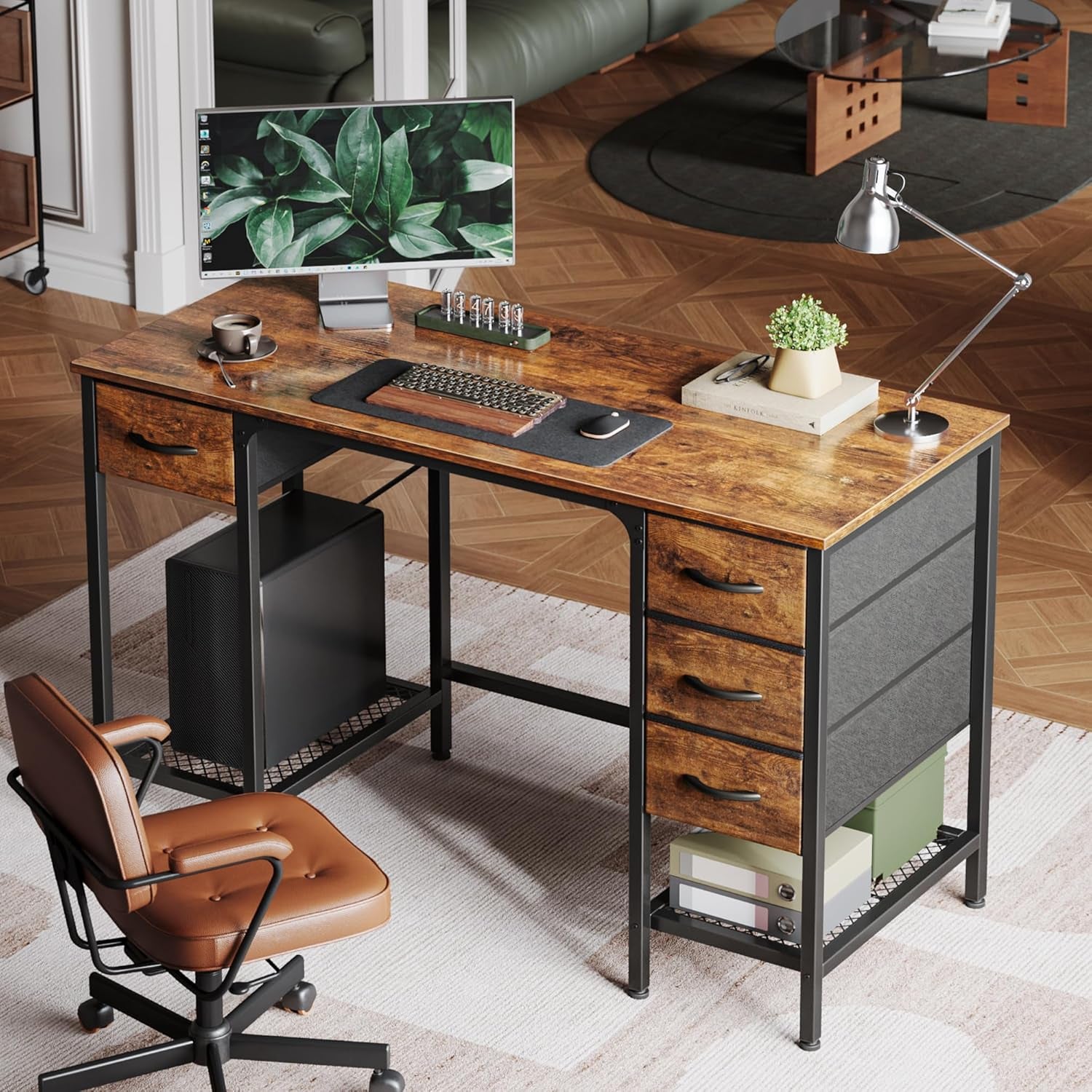 47 Inch Computer Desk with 4 Drawers, Office Desk with Mesh Shelf, Gaming Desk, Large Storage, Writing Work Desk for Home Office, Study, Bedroom, Work from Home, Rustic Brown