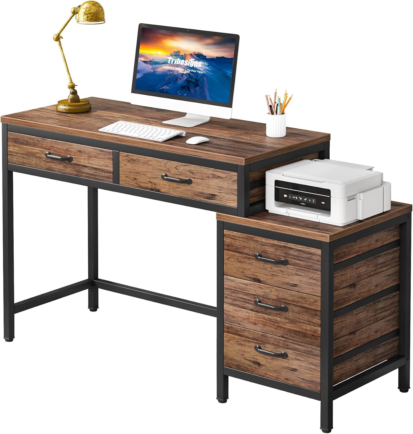 Computer Desk with 5 Drawers, Home Office Desks with Reversible Drawer Cabinet Printer Stand, Industrial PC Desk with Storage, Grey Study Writing Table Workstation for Small Spaces