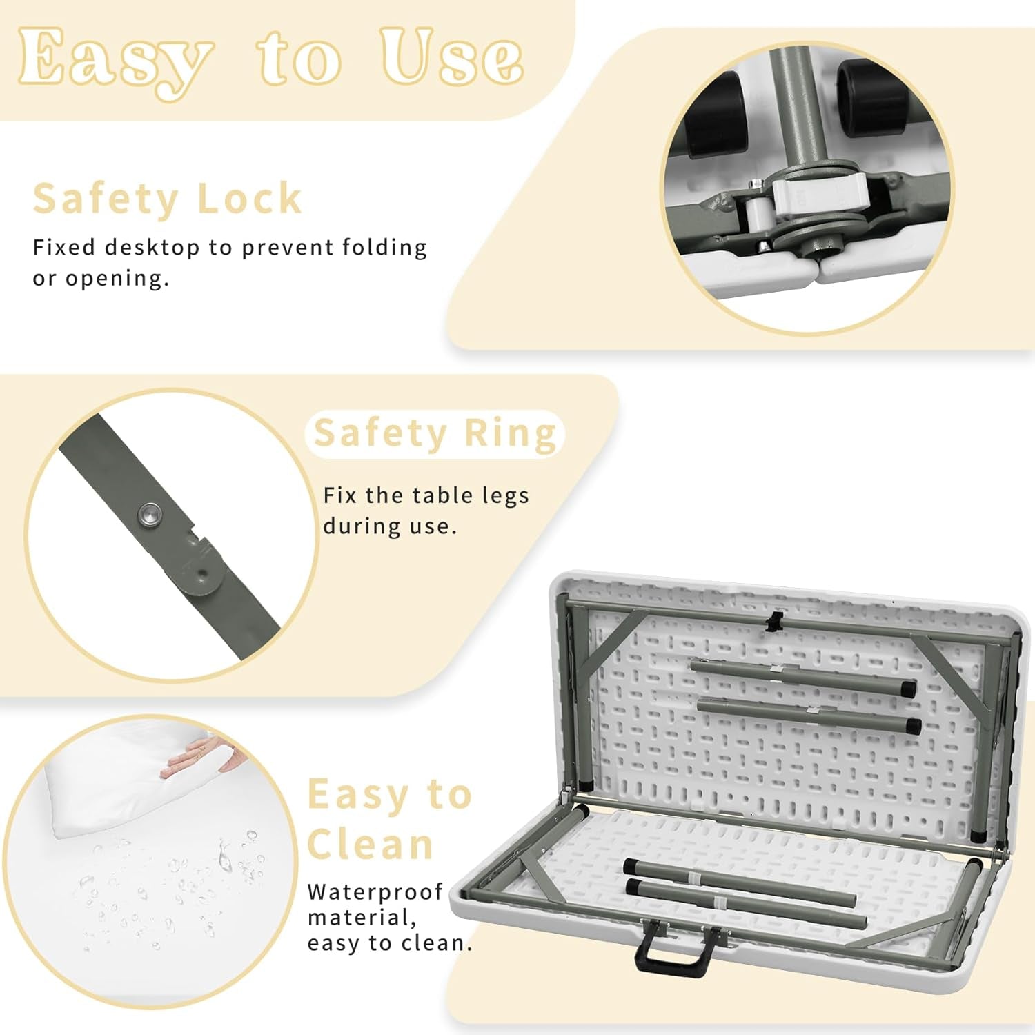 34" Square Folding Table,Multi-Functional Portable Folding Card Table with Carrying Handle for Indoor Outdoor Camping,Picnic, Office, Party Use, HDPE Plastic Tabletop with Metal Frame(White)