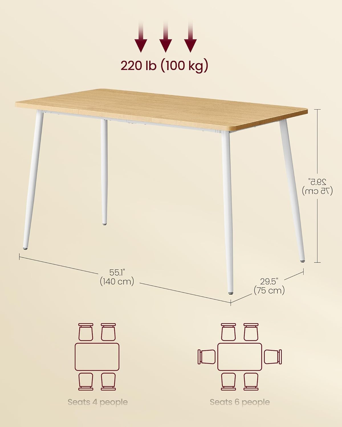 Dining Table, Dining Room Table for 4-6 People, Modern Farmhouse, for Kitchen, Quick Assembly, Heat-Resistant Surface, 29.5 X 55.1 X 29.5 Inches, Golden Oak and Cloud White UKDT100N01V2