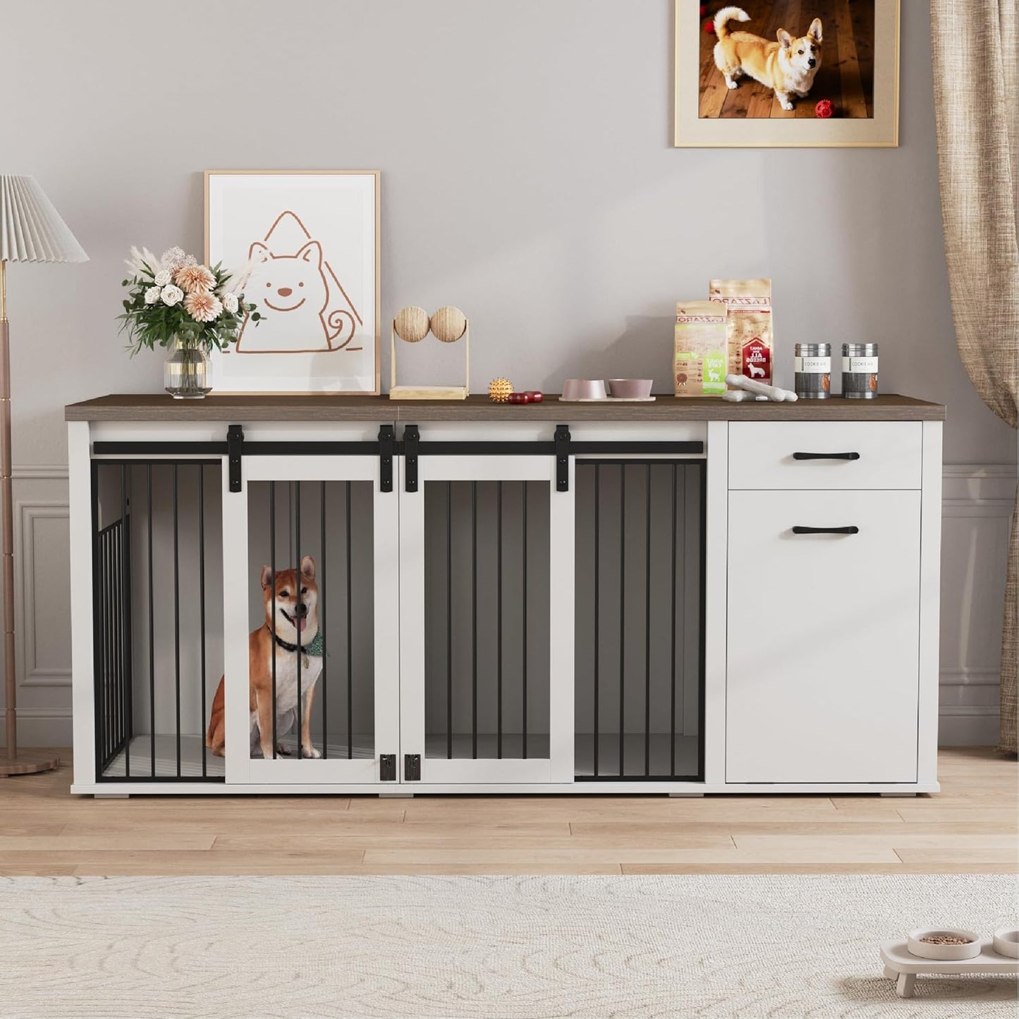 Large Dog Crate Furniture Large Breed,71 Inch Wooden Dog Crate with Tilt Out Trash Cabinet,Drawers,Divider and Sliding Barn Door, Double Doors Dogs Crate for 2 Dogs (Modern Walnut)